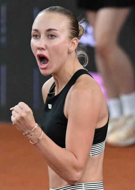 Austria's Anastasia Potapova reacts as she plays against Mirra Andreeva (not pictured) during their women's single final match of the WTA Upper Austria Women's Linz tennis tournament in Linz, Austria on April 12, 2026. (Photo by BARBARA GINDL / APA / AFP) / Austria OUT
