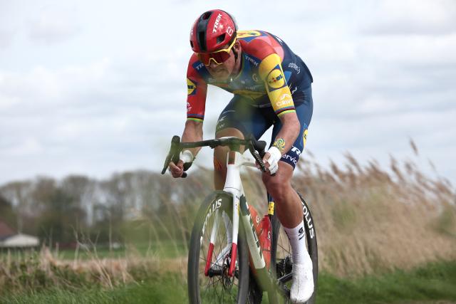 Lidl-Trek's Danish rider Mads Pedersen cycles on a cobblestone sector during the 123rd edition of the Paris-Roubaix one-day classic cycling race, 258.3 km between Compiègne and Roubaix, northern France, on April 12, 2026. (Photo by Anne-Christine POUJOULAT / AFP)