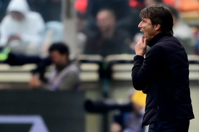 Napoli’s Italian coach Antonio Conte reacts during the Italian Serie A football match between Parma Calcio 1913 and SSC Napoli at the Ennio Tardini Stadium in Parma on April 12, 2026. (Photo by MARCO BERTORELLO / AFP)