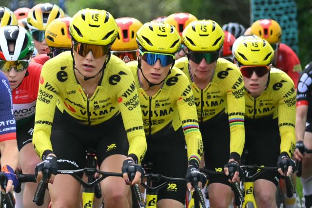 Team Visma - Lease a Bike's French rider Pauline Ferrand-Prévot (C-L) and Team Visma - Lease a Bike's Dutch rider Marianne Vos (C-R) ride with the pack during the 6th edition of the Women Paris-Roubaix one-day classic cycling race, 143.1 km between Denain and Roubaix, northern France, on April 12, 2026. (Photo by NICOLAS TUCAT / AFP) / ALTERNATIVE CROP
