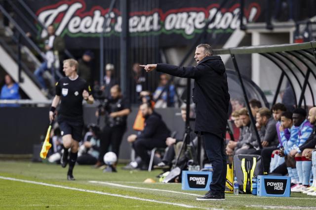 Feyenoord head coach Robin van Persie gestures during the Dutch Eredivisie football match between NEC Nijmegen and Feyenoord at De Goffert stadium in Nijmegen on April 12, 2026. (Photo by Bas Czerwinski / ANP / AFP) / Netherlands OUT