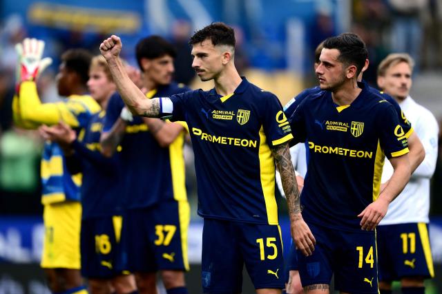 Parma’s Italian defender #15 Enrico Delprato reacts at the end of the Italian Serie A football match between Parma and Napoli at the Ennio Tardini stadium in Parma on April 12, 2026. (Photo by MARCO BERTORELLO / AFP)