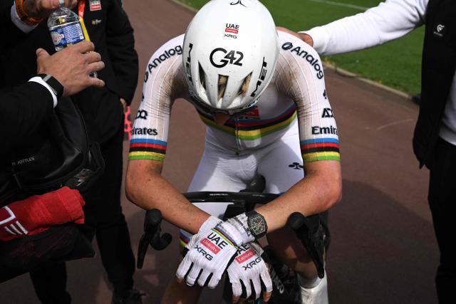 Second-placed UAE Team Emirates XRG's Slovenian rider Tadej Pogacar reacts at the end of the 123rd edition of the Paris-Roubaix one-day classic cycling race, 258.3 km between Compiègne and Roubaix, at the Vélodrome André-Pétrieux in Roubaix, northern France, on April 12, 2026. (Photo by Dario Belingheri / POOL / AFP)