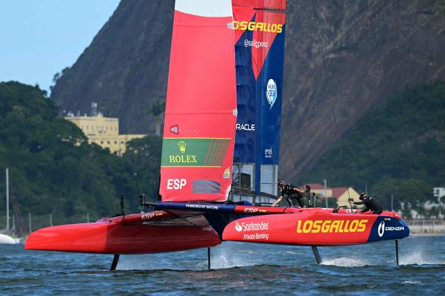 Spain's team competes during race day two of the Rio 2026 SailGP in Guanabara Bay, Rio de Janeiro, Brazil, on April 12, 2026. (Photo by Pablo PORCIUNCULA / AFP)