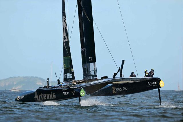 Sweden's team competes during race day two of the Rio 2026 SailGP in Guanabara Bay, Rio de Janeiro, Brazil, on April 12, 2026. (Photo by Pablo PORCIUNCULA / AFP)