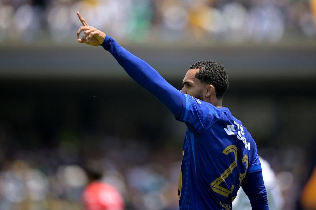 Pumas' Brazilian forward #23 Juninho Vieira celebrates after scoring his team's second goal during the Liga MX Clausura tournament football match between Pumas and Mazatlan at the Olimpico Universitario stadium in Mexico City, on April 12, 2026. (Photo by Alfredo ESTRELLA / AFP)