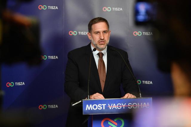 Peter Toth, TISZA party election campaign manager, makes a statement in Budapest during the general election in Hungary, on April 12, 2026. Polls closed in Hungary's parliamentary election, with turnout reaching a record high in the crunch vote that sees nationalist Prime Minister Viktor Orban's 16-year stint in power face an unprecedented challenge from conservative political newcomer Peter Magyar. (Photo by Ferenc ISZA / AFP)