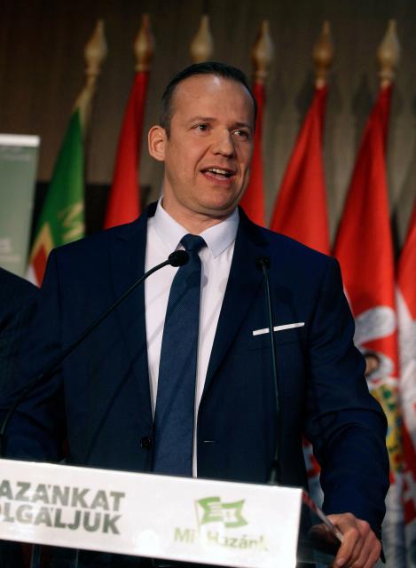 Laszlo Toroczkai, leader of the far-right Our Homeland Movement addresses supporters  at their headquarters in Budapest during a general election in Hungary, on April 12, 2026. Hungary's nationalist Prime Minister Viktor Orban conceded defeat in parliamentary elections to his rival, conservative Peter Magyar, a former government insider and political newcomer who has promised "system change". (Photo by Peter Kohalmi / AFP)