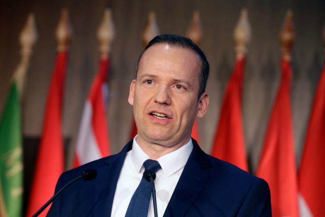 Laszlo Toroczkai, leader of the far-right Our Homeland Movement addresses supporters  at their headquarters in Budapest during a general election in Hungary, on April 12, 2026. Hungary's nationalist Prime Minister Viktor Orban conceded defeat in parliamentary elections to his rival, conservative Peter Magyar, a former government insider and political newcomer who has promised "system change". (Photo by Peter Kohalmi / AFP)