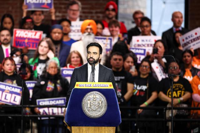 New York City Mayor Zohran Mamdani speaks during his 100 Day Address in Maspeth, New York on April 12, 2026. April 10 marked Mamdani's 100th day in office as New York City's 112th mayor. (Photo by CHARLY TRIBALLEAU / AFP)