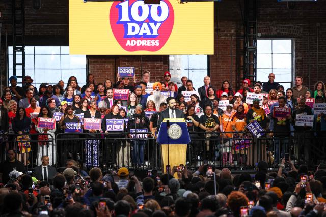 New York City Mayor Zohran Mamdani speaks during his 100 Day Address in Maspeth, New York on April 12, 2026. April 10 marked Mamdani's 100th day in office as New York City's 112th mayor. (Photo by CHARLY TRIBALLEAU / AFP)