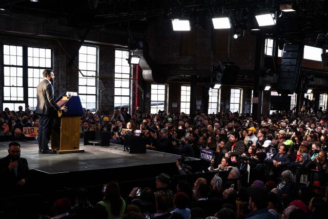 New York City Mayor Zohran Mamdani speaks during his 100 Day Address in Maspeth, New York on April 12, 2026. April 10 marked Mamdani's 100th day in office as New York City's 112th mayor. (Photo by CHARLY TRIBALLEAU / AFP)