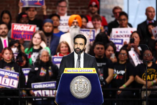 New York City Mayor Zohran Mamdani speaks during his 100 Day Address in Maspeth, New York on April 12, 2026. April 10 marked Mamdani's 100th day in office as New York City's 112th mayor. (Photo by CHARLY TRIBALLEAU / AFP)