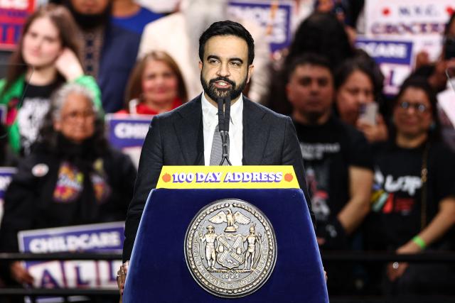 New York City Mayor Zohran Mamdani speaks during his 100 Day Address in Maspeth, New York on April 12, 2026. April 10 marked Mamdani's 100th day in office as New York City's 112th mayor. (Photo by CHARLY TRIBALLEAU / AFP)