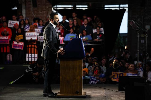 New York City Mayor Zohran Mamdani speaks during his 100 Day Address in Maspeth, New York on April 12, 2026. April 10 marked Mamdani's 100th day in office as New York City's 112th mayor. (Photo by CHARLY TRIBALLEAU / AFP)