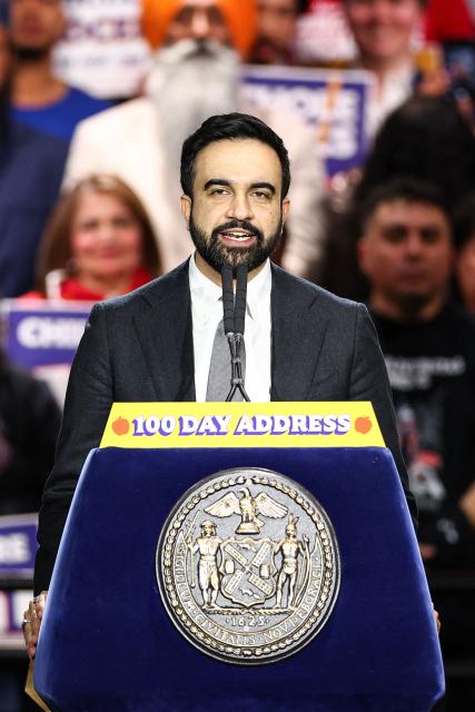 New York City Mayor Zohran Mamdani speaks during his 100 Day Address in Maspeth, New York on April 12, 2026. April 10 marked Mamdani's 100th day in office as New York City's 112th mayor. (Photo by CHARLY TRIBALLEAU / AFP)
