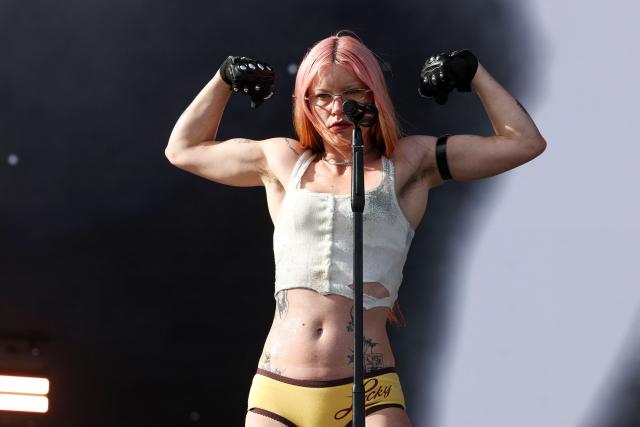 English musician Rhian Teasdale from English indie rock band Wet Leg performs on the Coachella stage during the 2026 Coachella Valley Music and Arts Festival in Indio, California on April 12, 2026. (Photo by VALERIE MACON / AFP)