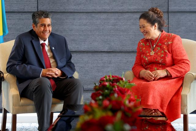 Palau's President Surangel Whipps Jr (L) meets with New Zealand's Governor-General Cindy Kiro at Government House in Auckland on April 13, 2026. (Photo by BEN STRANG / AFP)