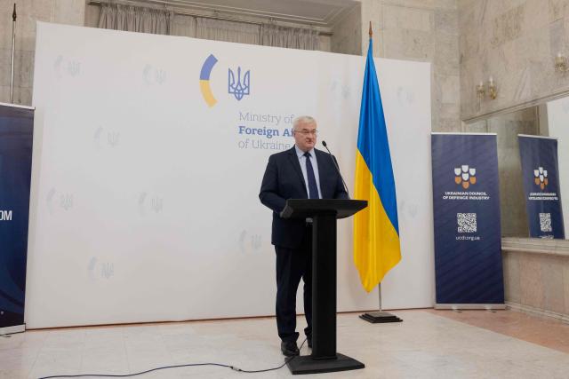 Ukraine's Foreign Minister Andrii Sybiha speaks during a briefing marking Ukrainian Defence Industry Day in Kyiv, on April 13, 2026, amid the Russian invasion of Ukraine. (Photo by Tetiana DZHAFAROVA / AFP)