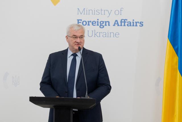 Ukraine's Foreign Minister Andrii Sybiha speaks during a briefing marking Ukrainian Defence Industry Day in Kyiv, on April 13, 2026, amid the Russian invasion of Ukraine. (Photo by Tetiana DZHAFAROVA / AFP)