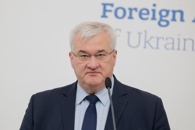Ukraine's Foreign Minister Andrii Sybiha speaks during a briefing marking Ukrainian Defence Industry Day in Kyiv, on April 13, 2026, amid the Russian invasion of Ukraine. (Photo by Tetiana DZHAFAROVA / AFP)