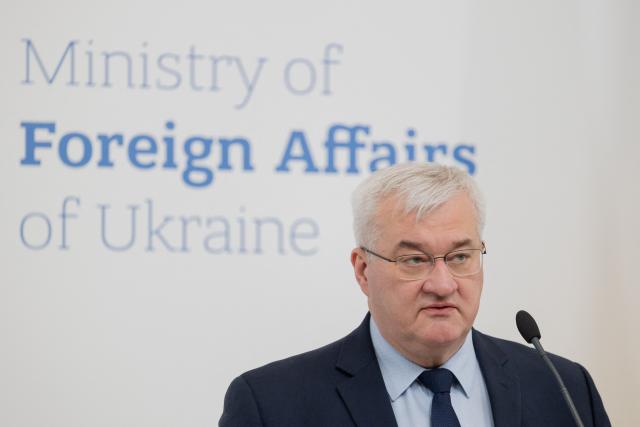 Ukraine's Foreign Minister Andrii Sybiha speaks during a briefing marking Ukrainian Defence Industry Day in Kyiv, on April 13, 2026, amid the Russian invasion of Ukraine. (Photo by Tetiana DZHAFAROVA / AFP)