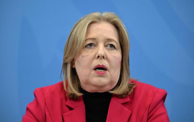 German Minister for Labour and Social Affairs Baerbel Bas from the social democratic SPD party speaks during a press briefing on the results of overnight coalition committee consultations, on April 13, 2026 at the Chancellery in Berlin. Chancellor Friedrich Merz said that Germany would cut petrol and diesel taxes for two months to provide relief to households and businesses hit by the energy shock during the Middle East war. (Photo by RALF HIRSCHBERGER / AFP)