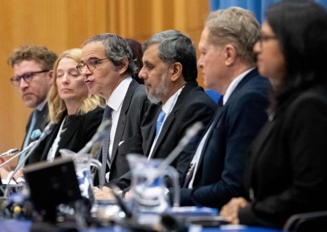 The Director General of the International Atomic Energy Agency (IAEA) Rafael Grossi (3rdL) addresses the opening plenary session of IAEA’s Tenth Review Meeting at the agency's headquarters in Vienna, Austria, on April 13, 2026. (Photo by Joe Klamar / AFP)