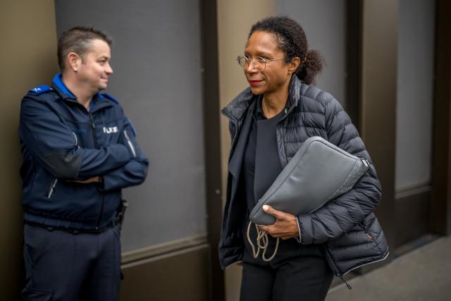 One of the plaintiff's lawyer Miriam Mazou arrives to the hearing of the Mayor of Crans-Montana Nicolas Feraud as part of the investigation over the fire that broke out in the bar "Le Constellation" during New Year celebrations, claiming 41 lives, most of whom were teenagers, and injuring 115 more, in Sion, western Switzerland, on April 13, 2026. (Photo by Fabrice COFFRINI / AFP)
