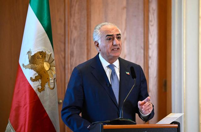Reza Pahlavi, the exiled Crown Prince of Iran, speaks as he visits the Swedish Parliament (Riksdagen) following an official invitation from the parliamentary groups of the Sweden Democrats (SD) and the Christian Democrats (KD), on April 13, 2026 in Stockholm, Sweden. (Photo by Fredrik SANDBERG / TT News Agency / AFP) / Sweden OUT