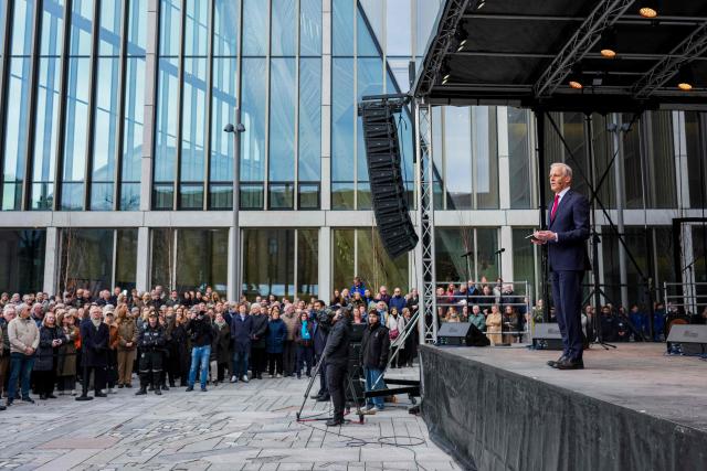 Norway's Prime Minister Jonas Gahr Store (R) speaks during the official opening of the new government quarters, on April 13, 2026 in Oslo, Norway. Almost 15 years after the terrorist attack on July 22, 2011, the first 2,200 employees are moving into brand new premises at Hammersborg in Oslo. April 13, 2026 marks the official opening of the first of three construction phases in the new government quarter. (Photo by Ole Berg-Rusten / NTB / AFP) / Norway OUT