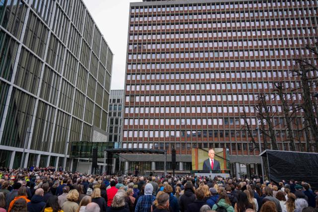 Norway's Prime Minister Jonas Gahr Store (R) speaks during the official opening of the new government quarters, on April 13, 2026 in Oslo, Norway. Almost 15 years after the terrorist attack on July 22, 2011, the first 2,200 employees are moving into brand new premises at Hammersborg in Oslo. April 13, 2026 marks the official opening of the first of three construction phases in the new government quarter. (Photo by Ole Berg-Rusten / NTB / AFP) / Norway OUT