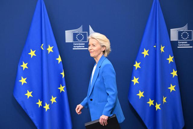 European Commission President Ursula von der Leyen arrives for a press conference at the EU Commission headquarters in Brussels on April 13, 2026. (Photo by Nicolas TUCAT / AFP)