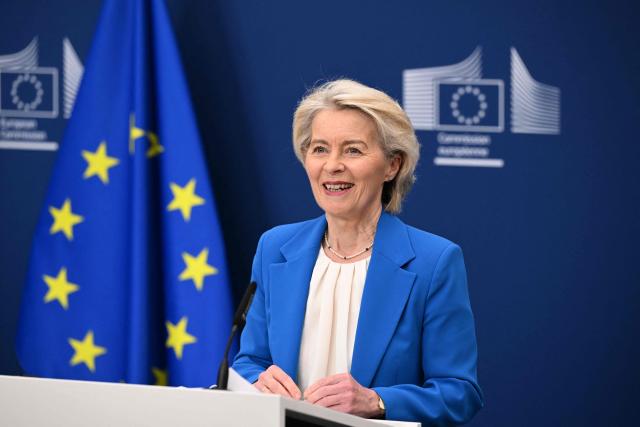 European Commission President Ursula von der Leyen gives a press conference at the EU Commission headquarters in Brussels on April 13, 2026. (Photo by Nicolas TUCAT / AFP)