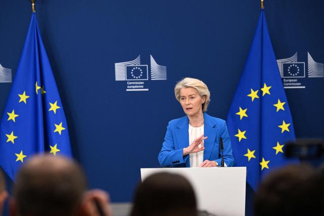 European Commission President Ursula von der Leyen gives a press conference at the EU Commission headquarters in Brussels on April 13, 2026. (Photo by Nicolas TUCAT / AFP)