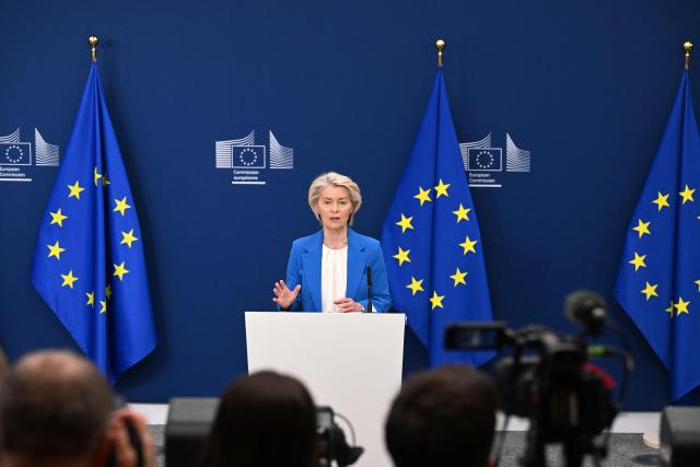 European Commission President Ursula von der Leyen gives a press conference at the EU Commission headquarters in Brussels on April 13, 2026. (Photo by Nicolas TUCAT / AFP)