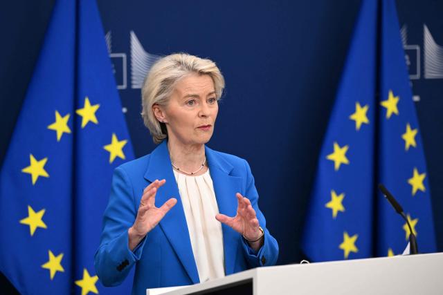 European Commission President Ursula von der Leyen gives a press conference at the EU Commission headquarters in Brussels on April 13, 2026. (Photo by Nicolas TUCAT / AFP)