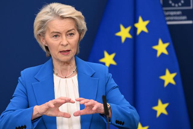 European Commission President Ursula von der Leyen gives a press conference at the EU Commission headquarters in Brussels on April 13, 2026. (Photo by Nicolas TUCAT / AFP)