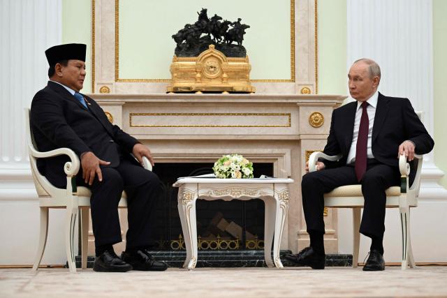 Russian President Vladimir Putin meets with his Indonesian counterpart Prabowo Subianto at the Kremlin in Moscow on April 13, 2026. (Photo by Igor IVANKO / POOL / AFP)