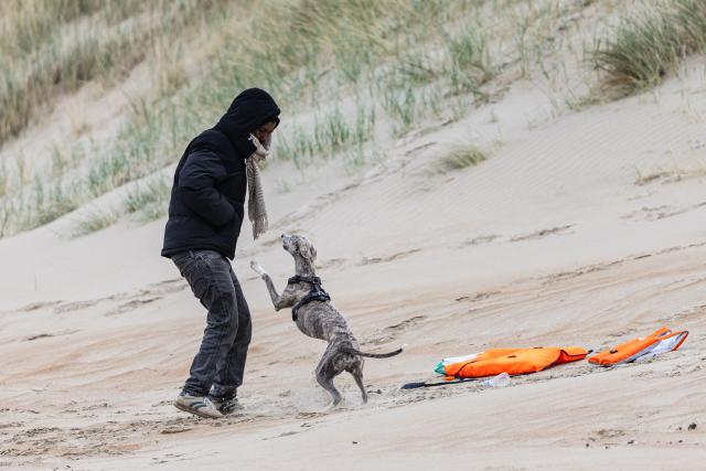 A migrants plays with a dog as he waits to be smuggled to Britain through the English Channel, in Grande-Synthe, near Dunkirk, northern France on April, 13, 2026. (Photo by Sameer Al-DOUMY / AFP)