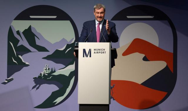 Bavaria's State Premier Markus Soeder addresses a press conference on the official opening of the new Terminal 1 pier at Munich International Airport, southern Germany on April 13, 2026. The Terminal 1 Pier provides additional capacity for up to six million passengers per year. The new building is currently one of Bavaria’s largest infrastructure projects. (Photo by Alexandra BEIER / AFP)