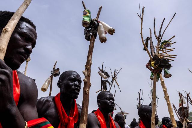 TOPSHOT - Cameroonian dancers parade during the Tokna Massana Festival in Bongor on April 10, 2026. The culture of the Massa people was celebrated at the 10th edition of the Tokna Massana festival.
This year's celebration took on a special significance following the inscription last December of Guruna, a Massa pastoral initiation ritual, on UNESCO's list of intangible cultural heritage. (Photo by Joris Bolomey / AFP)