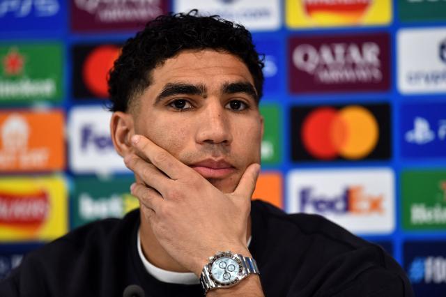 Paris Saint-Germain's Moroccan defender #02 Achraf Hakimi attends a press conference at Anfield stadium in Liverpool, north-west England on April 13, 2026, on the eve of their UEFA Champions League, quarter final second leg football match against Liverpool. (Photo by PETER POWELL / AFP)