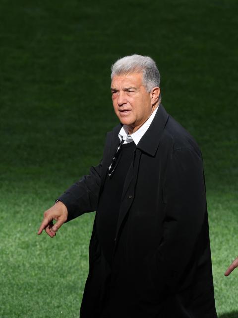 Barcelona President Joan Laporta is pictured during a training session on the eve of their UEFA Champions League quarter final second leg football match against Club Atletico de Madrid at Metropolitano Stadium in Madrid, on April 13, 2026. (Photo by Thomas COEX / AFP)