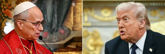 (COMBO) This combination of file pictures created on April 13, 2026 shows Pope Leo XIV speaking during the doxology at the Patriarchal Church of Saint George, in Istanbul on November 29, 2025 (L) and US President Donald Trump speaking during a meeting with German Chancellor Friedrich Merz in the Oval Office of the White House in Washington, DC on March 3, 2026 (R). Pope Leo XIV said on April 13, 2026 that he had "a moral duty" to speak out against war and didn't "fear" US President Donald Trump after the US leader criticised his calls for an end to the conflict in the Middle East. Before taking off from Rome headed to Algiers for a papal visit, the pontiff came under fire from Trump, who railed against Leo's recent comments calling for peace with the Middle East grappling with the war triggered by a joint Israel-US attack on Iran in late February. (Photo by Ozan KOSE and ANDREW CABALLERO-REYNOLDS / AFP)