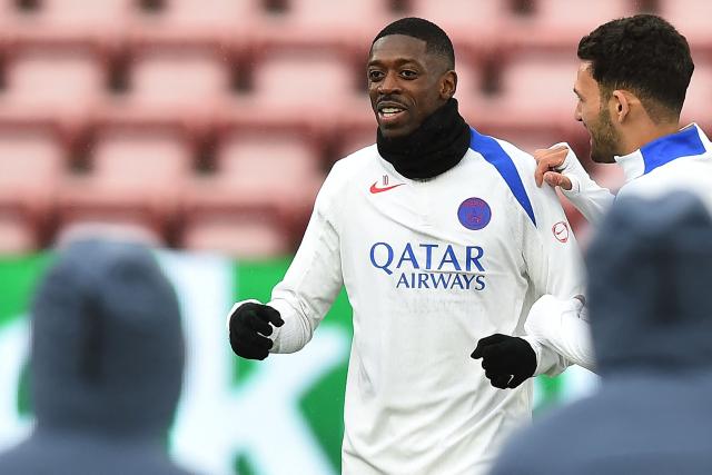 Paris Saint-Germain's French forward #10 Ousmane Dembele takes part in a team training session at Anfield stadium in Liverpool, north-west England on April 13, 2026, on the eve of their UEFA Champions League, quarter final second leg football match against Liverpool. (Photo by PETER POWELL / AFP)