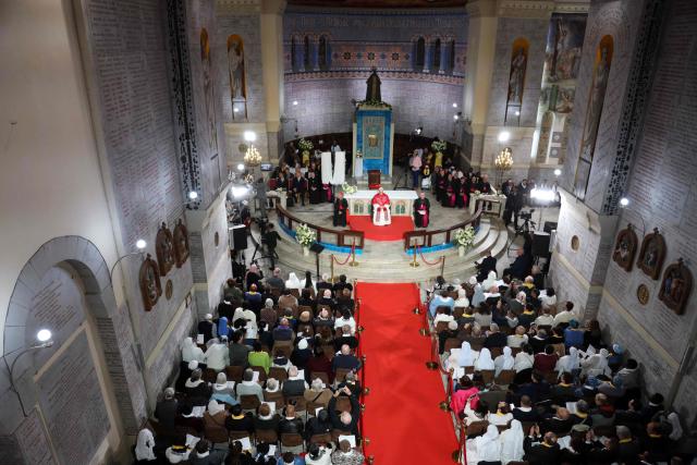 Pope Leo XIV attends a meeting with the Algerian community in the Basilica of Our Lady of Africa, in Algiers on April 13, 2026. Pope Leo XIV embarks today on an 11-day visit to Algeria, Cameroon, Angola and Equatorial Guinea for his first major international trip since becoming pontiff last year. (Photo by AFP)