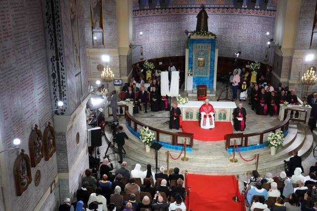 Pope Leo XIV attends a meeting with the Algerian community in the Basilica of Our Lady of Africa, in Algiers on April 13, 2026. Pope Leo XIV embarks today on an 11-day visit to Algeria, Cameroon, Angola and Equatorial Guinea for his first major international trip since becoming pontiff last year. (Photo by AFP)
