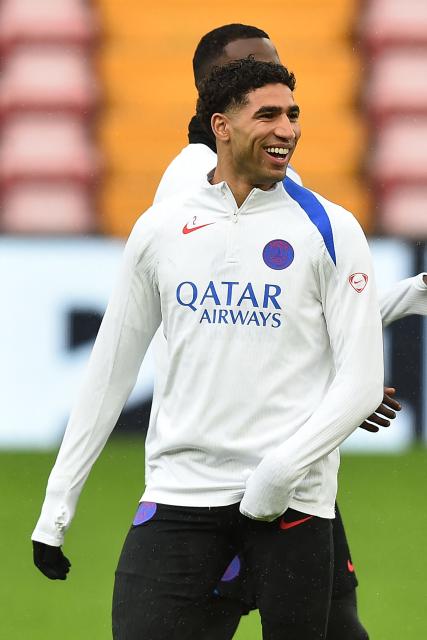 Paris Saint-Germain's Moroccan defender #02 Achraf Hakimi takes part in a team training session at Anfield stadium in Liverpool, north-west England on April 13, 2026, on the eve of their UEFA Champions League, quarter final second leg football match against Liverpool. (Photo by PETER POWELL / AFP)