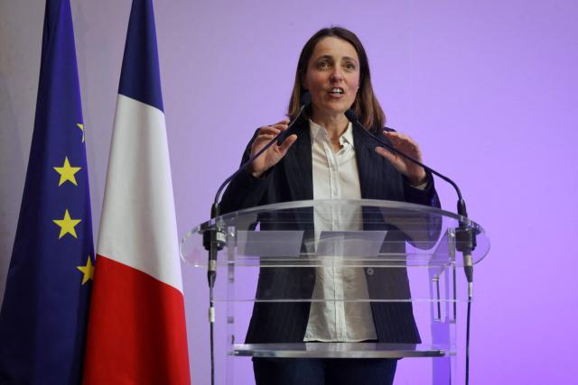 French trade union General Confederation of Labour (CGT) secretary general Sophie Binet addresses the media during a press conference following a meeting between unions and France's Labour Minister Jean-Pierre Farandou (not pictured) to discuss the proposed May 1st bill, in Paris on April 13, 2026. (Photo by Ludovic MARIN / AFP)